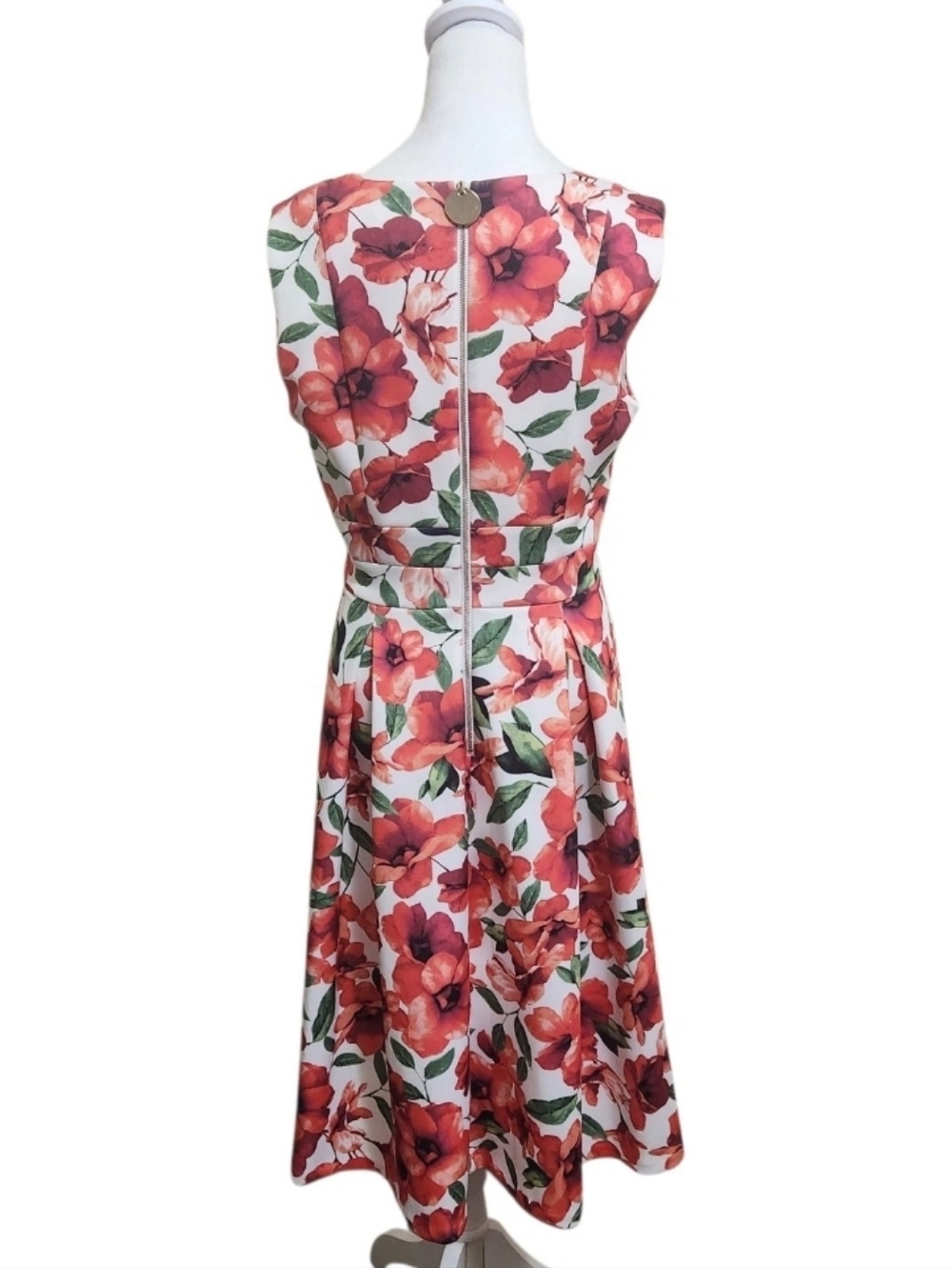 Calvin Klein Floral Fit Flare Dress Womens 10 Red White Pleated Stretch Midi - Picture 5 of 16